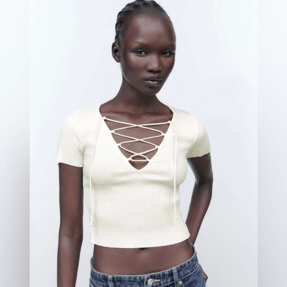 Zara Tops Zara White Lace Up Ribbed Crop Top Poshmark